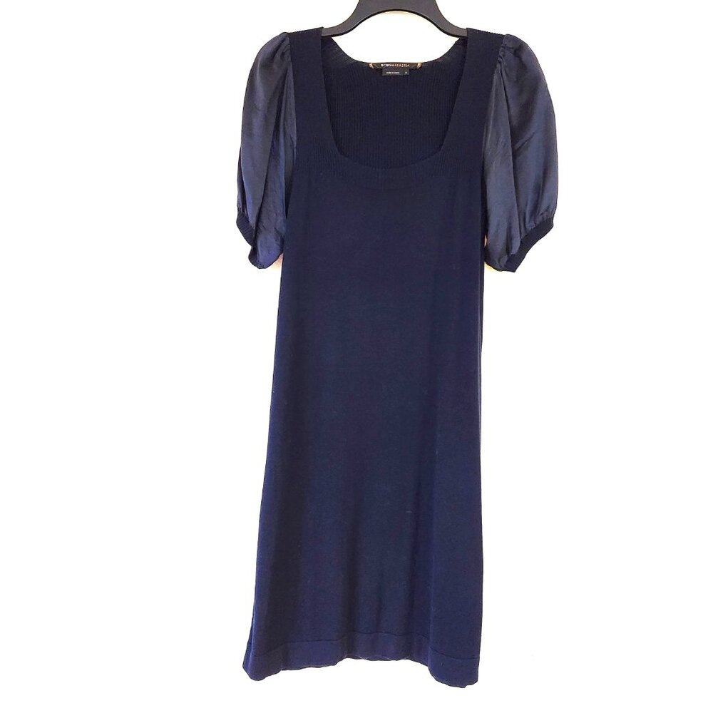 BCBGMAXAZRIA Navy Silk Fine Knit Mixed Media Puff Lantern Sleeve Dress Small